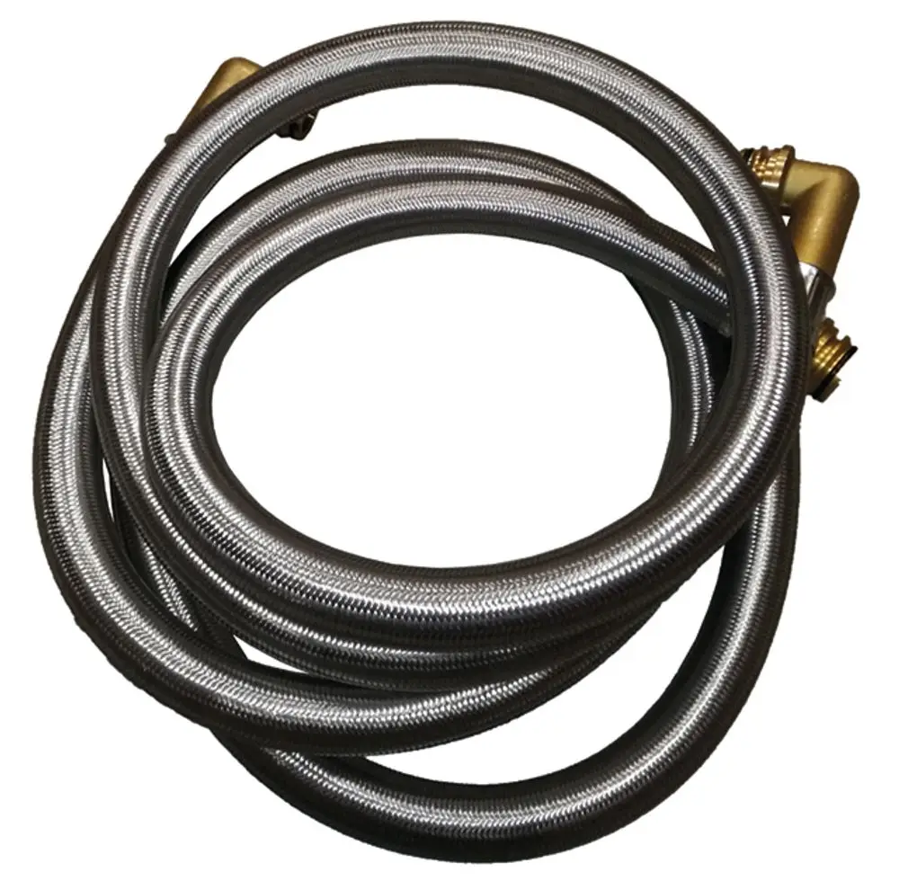 Gekringelter Metallschlauch mit zwei angeschlossenen Anschlussstücken, geeignet für Anwendungen von Syr.